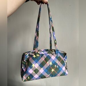 Baggu Green Star Plaid Nylon Bowler Bag